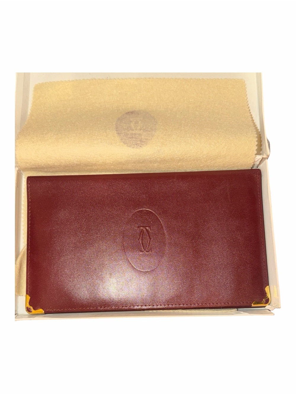Authentic Vintage Must de Cartier Burgundy Leather Long Bifold Wallet - Full Set